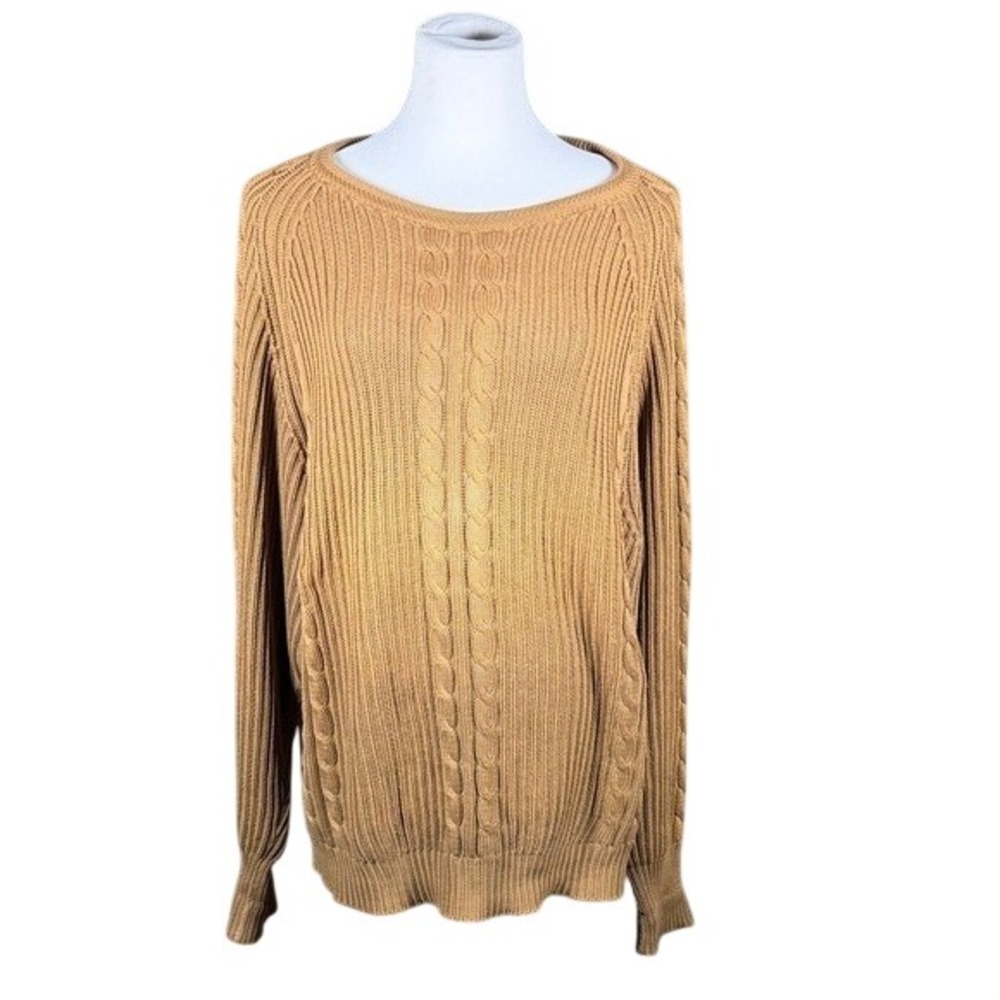Kenneth Gordon Womens Tan 100% Cotton Cable Knit Scoop Neck Sweater Large